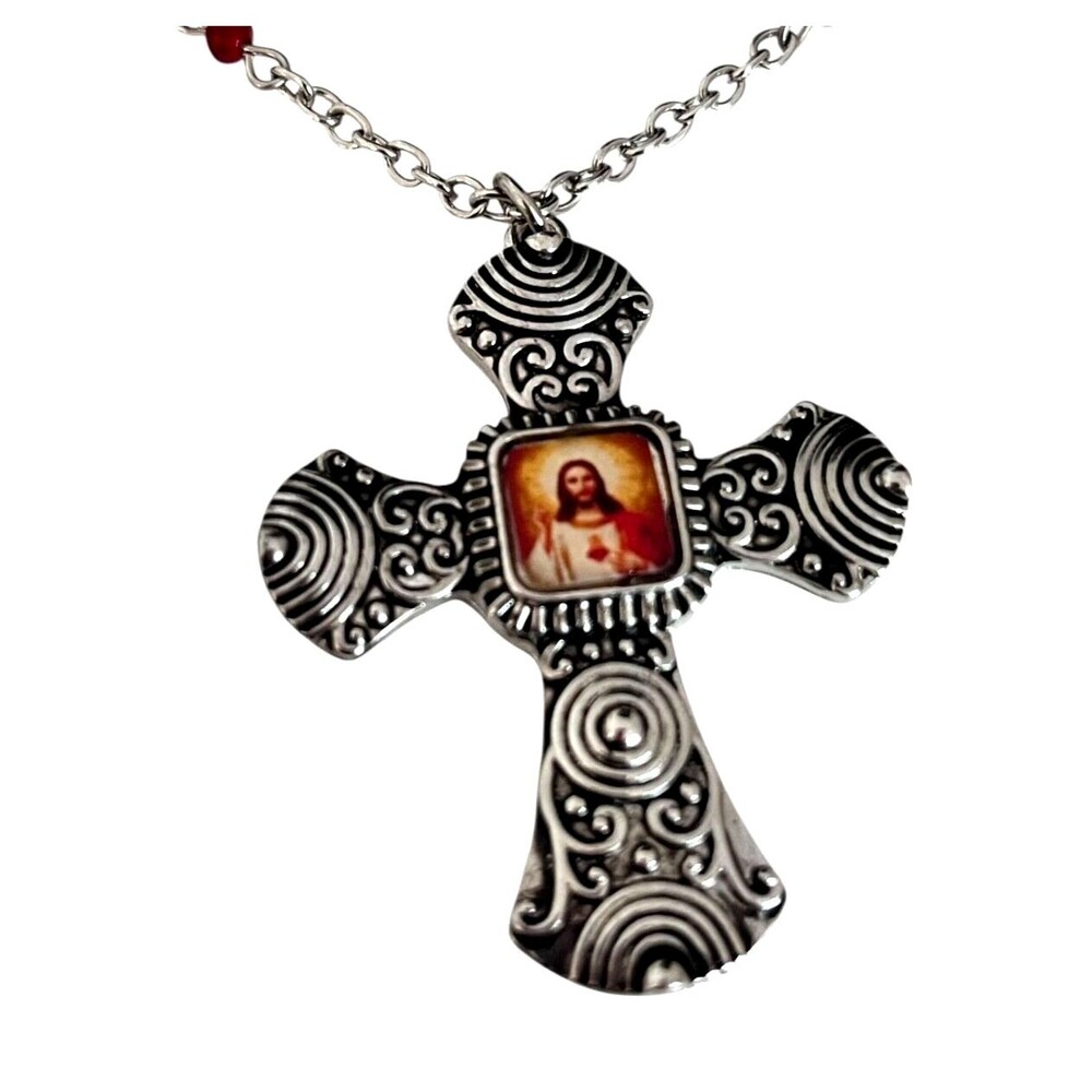New Antique Silver Tone Cross Necklace Jesus Christ Red Beads Christian - 12O